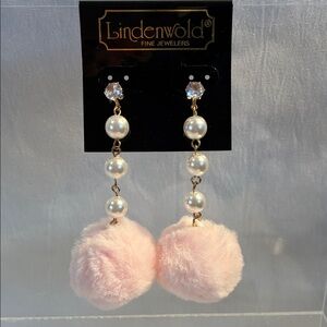 NEW light pink pom pom pearls and rhinestones drop style earrings in goldtone CZ